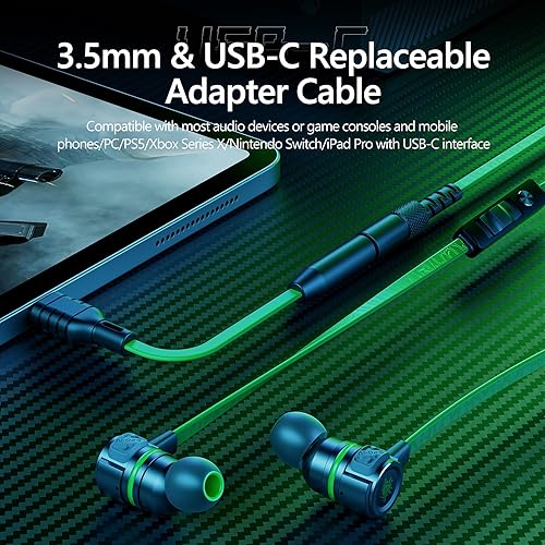 Miniatura 5 de Auriculares para juegos con cable, audífonos internos con conector USB C y 3.5mm doble con micrófono y control de volumen para orejas pequeñas,
