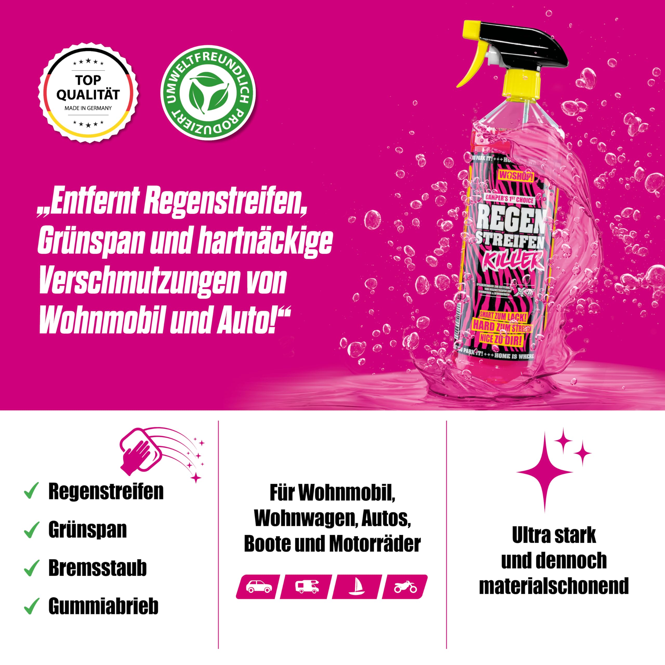 High Power Wohnwagen Reiniger Regenstreifen Killer Xtra Skin Schutzfilm 1000 ml Regenstreifenentferner für Wohnwagen, Wohnmobil, Boot, Anti Regenstreifen (1 Liter)