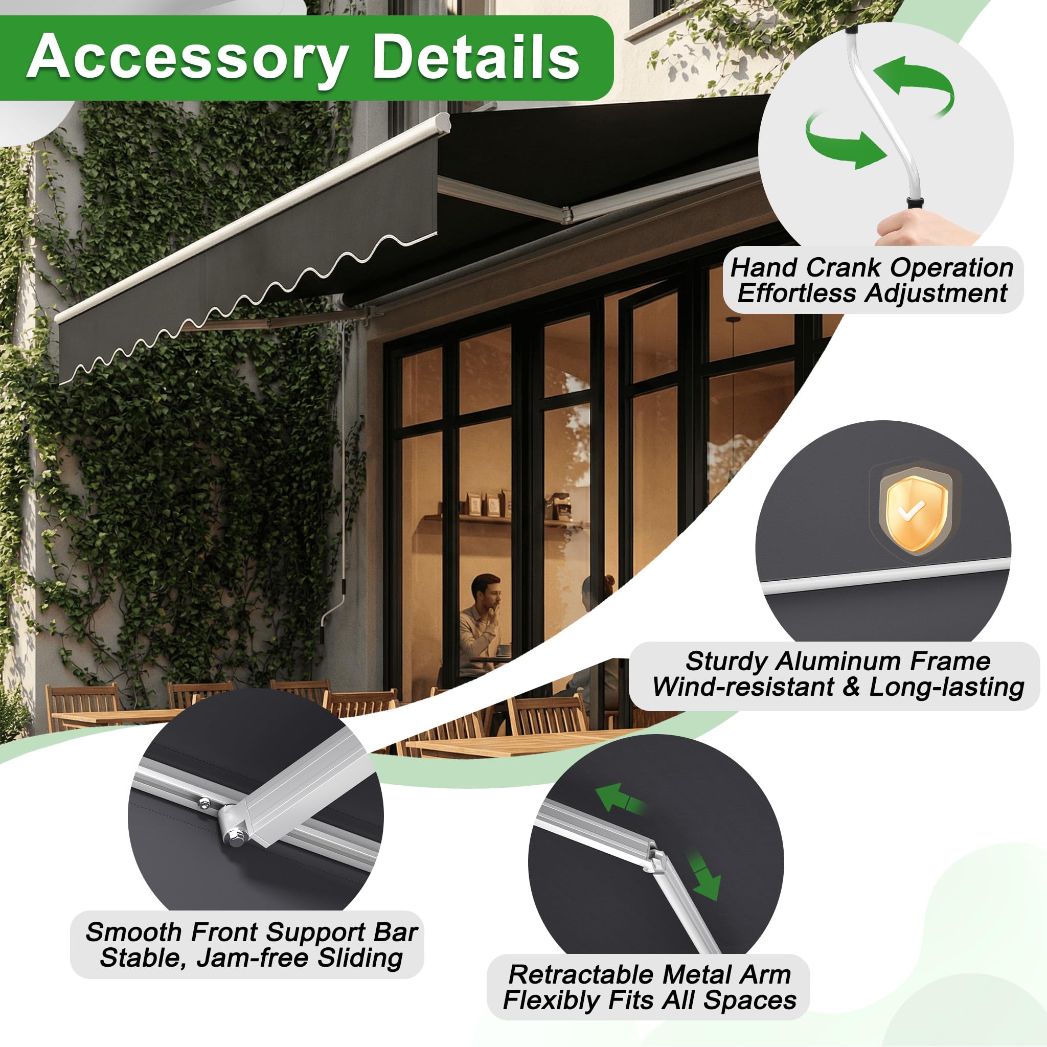 UISEBRT Tenda da sole per balcone, larghezza 300 cm, in alluminio, con braccio snodato in alluminio, protezione solare, a morsetto manuale, con manovella, impermeabile, grigio scuro (360 x 300 cm)