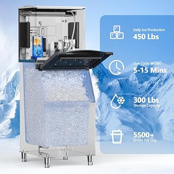 COOLAKE Commercial Ice Maker Machine 450 lbs/24H with 300 lbs Large Storage, 22 Air Cooled Stainless Steel Freestanding Cube Ice Machine, Self-Cleaning Industrial Ice Maker, ETL Listed
