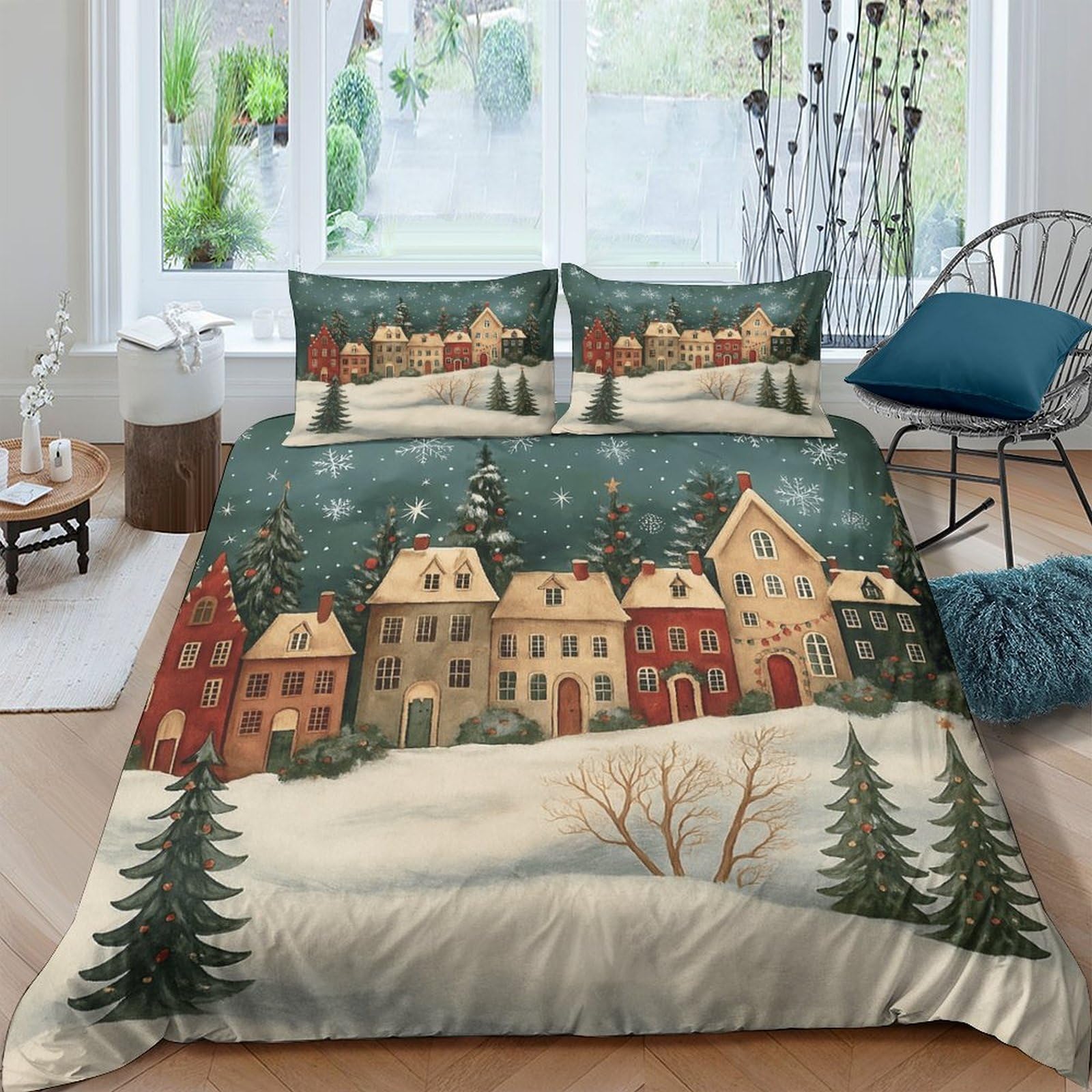 Ctjqhvkz Style-4 3D Printed Snow Village Fitted Sheet Microfiber Soft Winter Night Mattress Cover Decor For Bedroom Guest Room Single（135X200cm）