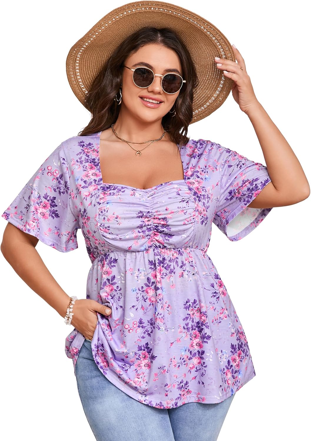 ShopWonder Women Plus Size Sweetheart Neck Tunic Tops Short Sleeves Pleated Peplum Babydoll Casual Blouse T shirts