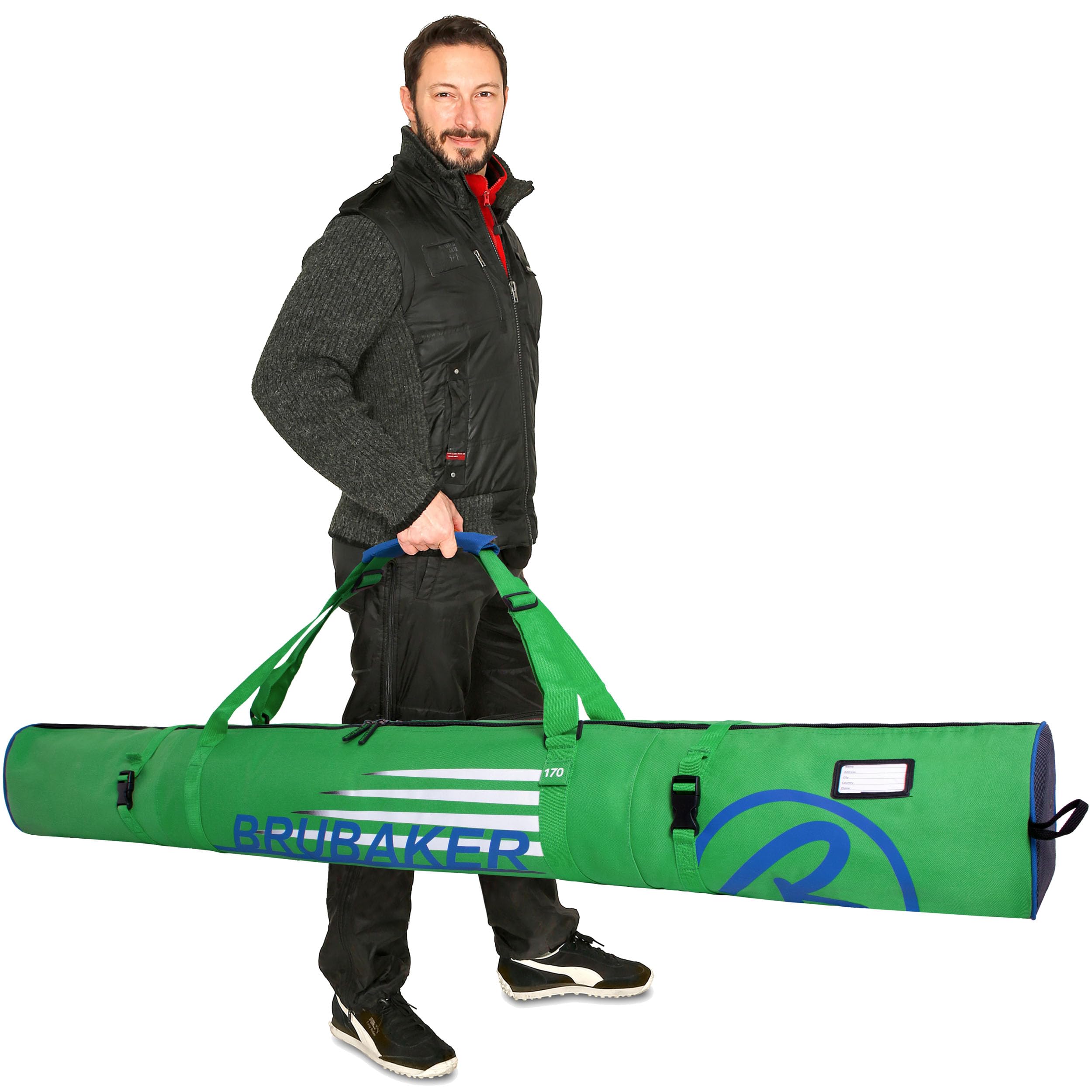 BRUBAKER Set de Ski ‘Champion’ - Série limitée - Housse à Skis et Sac à Chaussures de Ski pour 1 Paire de Skis + Bâtons + Chaussures + Casque - 170 cm - Vert Bleu
