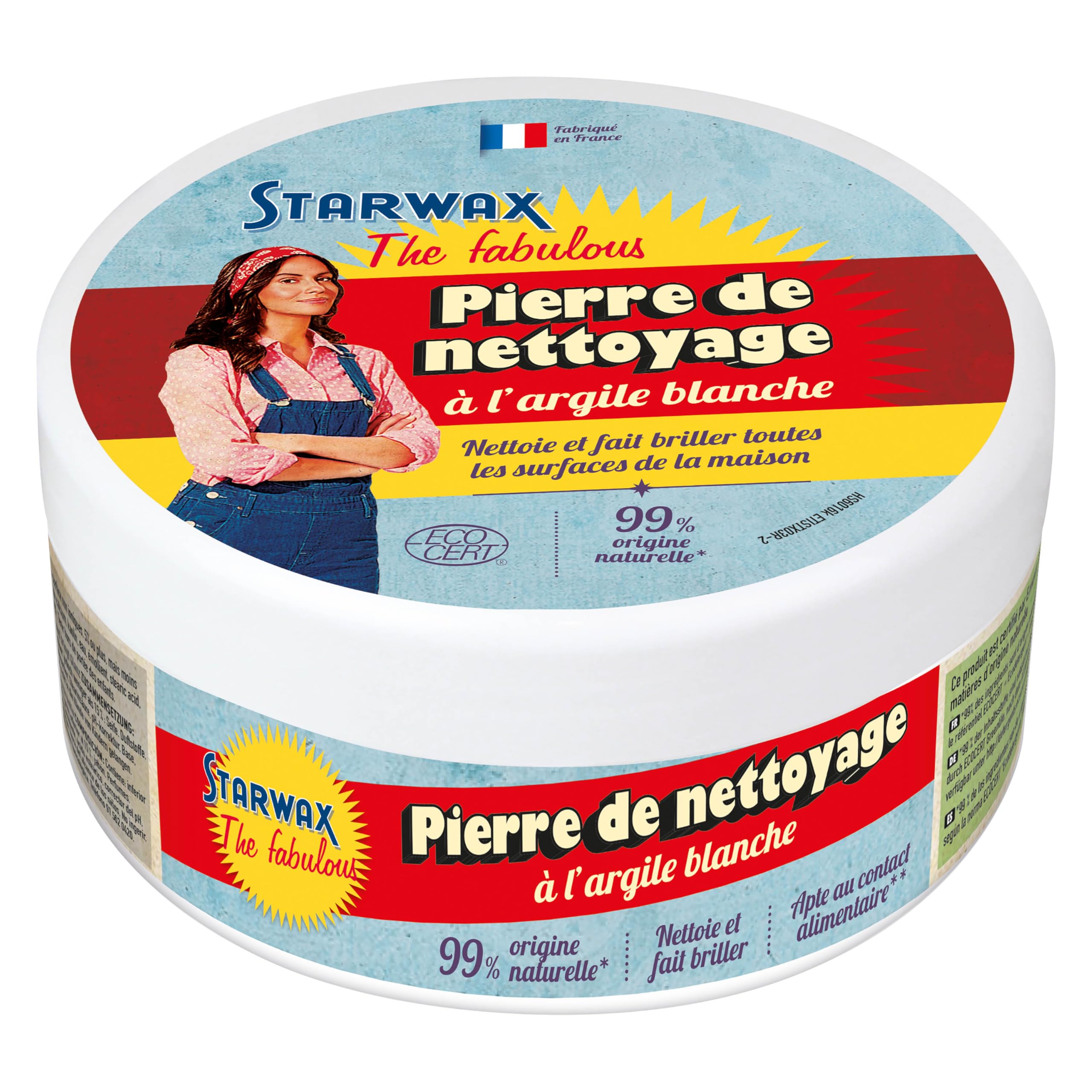 STARWAX THE FABULOUS - Pierre de Nettoyage Multi Usages - A l'Argile Blanche - Nettoie et Fait Briller - Toutes Surfaces - 99% d'Origine Naturelle - Fabriquée en France - 300 gr