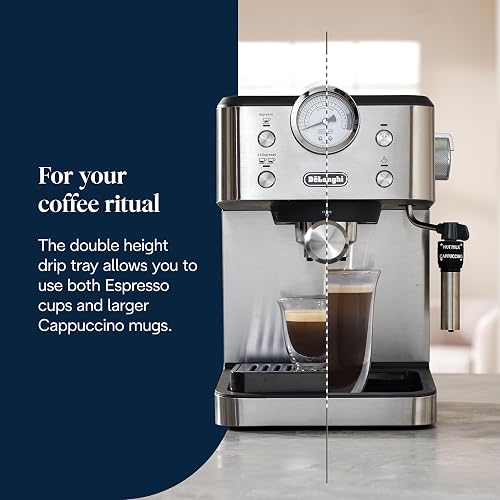 De'Longhi Linea Classic EM450.M Machine à café manuelle avec tige vapeur, machine à expresso avec pompe barista, buse pour cappuccino, filtre double paroi, 15 bar, tasse jusqu'à 13 cm, acier - 6