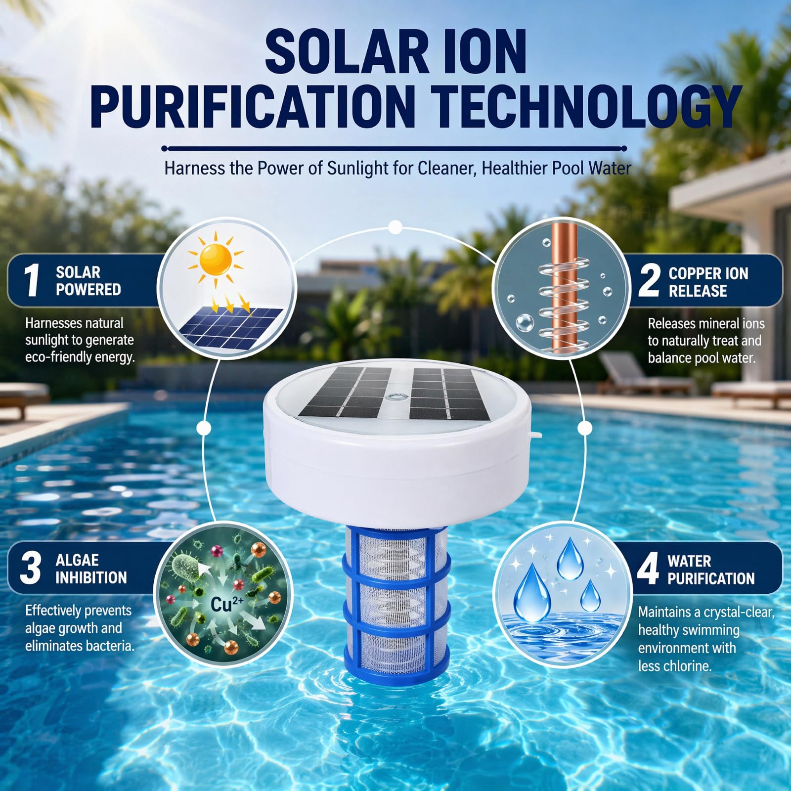 Solar Pool Ionisator, Automatischer Wasserreiniger, Solar Poolreiniger mit Mehrfarbige LED-Leuchten, Kupfer Ionreiniger Pool Zubehör für Aufstellpool und Einbautbecken