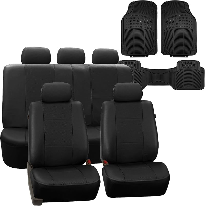Kit Completo de Capas para Bancos FH Group em Couro Sintético Preto com Tapetes Vinílicos, Compatível com Airbag e Banco Traseiro Bipartido