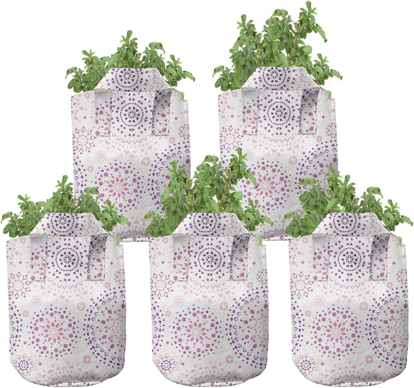 Ambesonne Mandala Grow Bags 5-Pack, Geometric Motifs, Heavyduty Fabric Pots with Handles for Plants, 7 Gallon, Blush Magenta and Purple