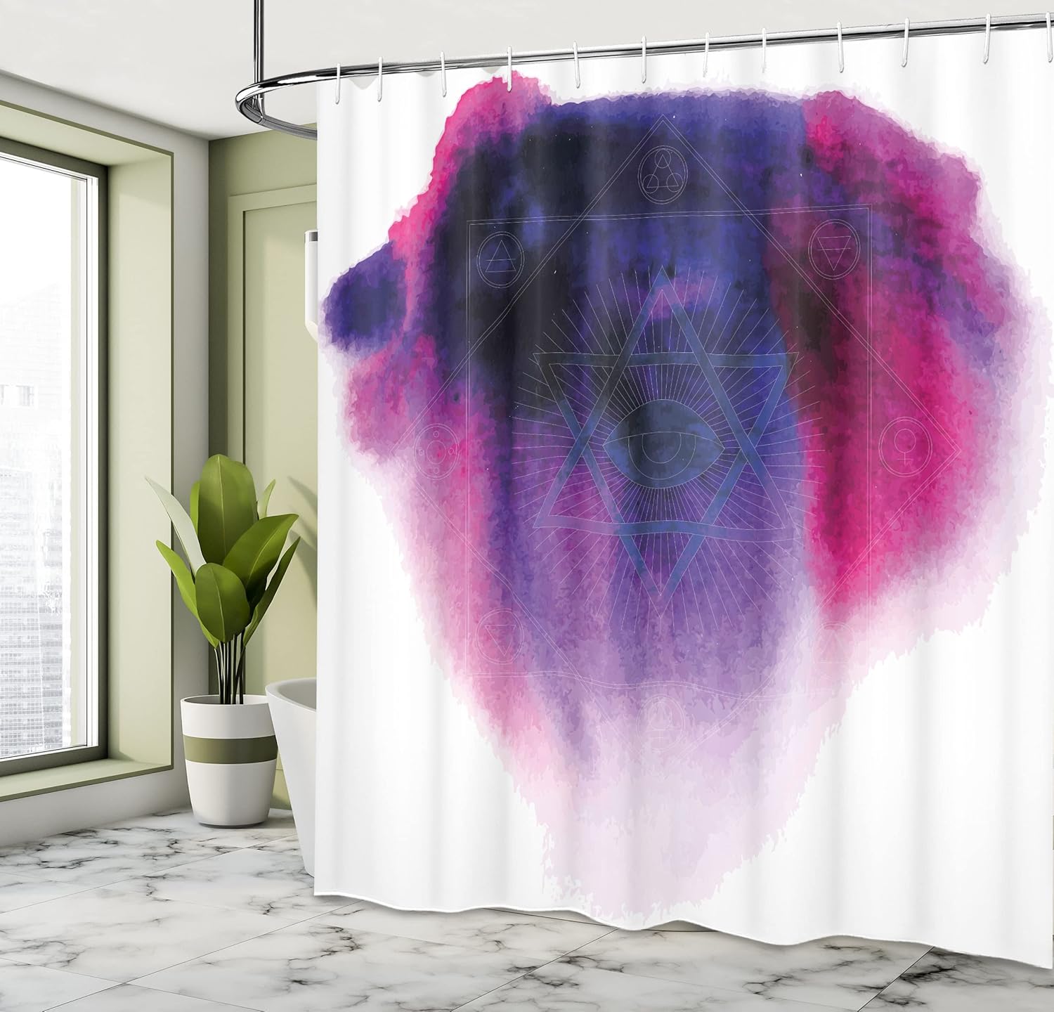 Ambesonne Astrology Shower Curtain, Geometric Alchemy Sun Star Mystic Signs Design, Cloth Fabric Bathroom Decor Set with Hooks, 69" W x 70" L, Blue Magenta
