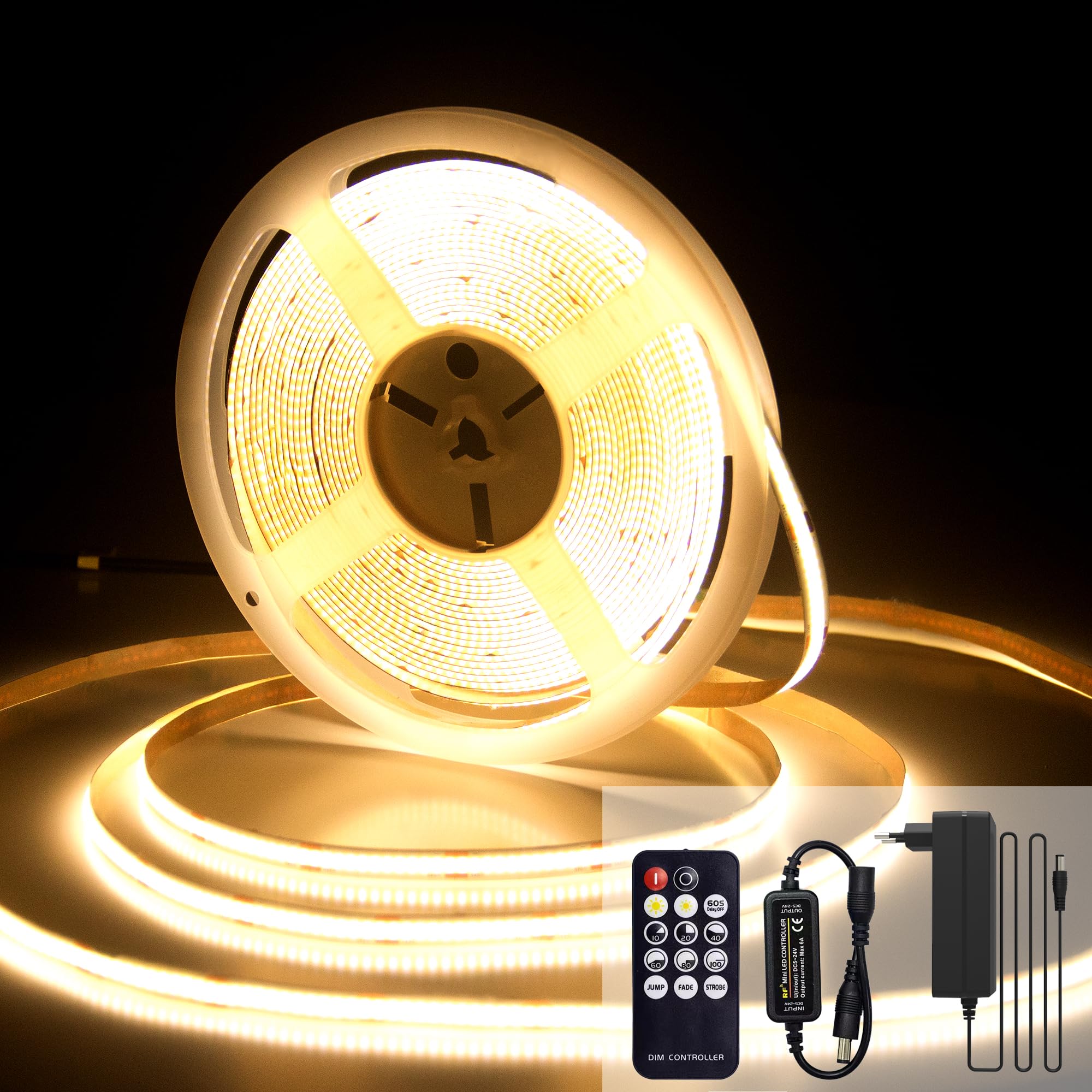 luktix Striscia LED Bianca Calda 10m, 3000K Striscia LED Dimmerabile 24V, CRI92 +, larghezza 8mm, con Telecomando e alimentazione, per la decorazione domestica, cucina, specchio (3000K, 10M)