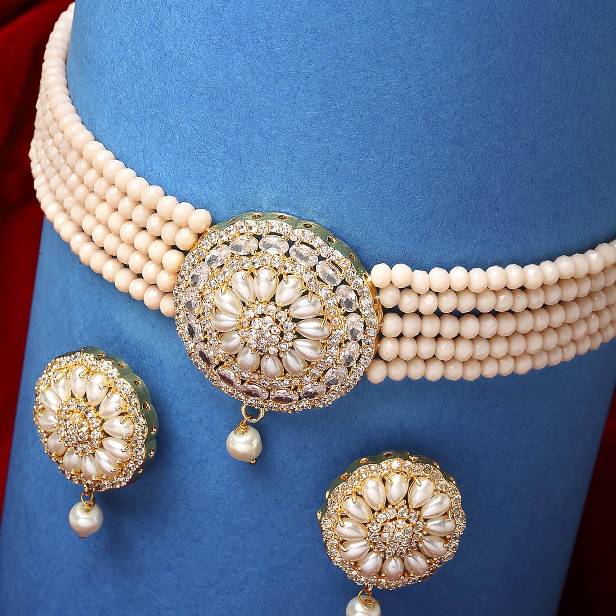 American Diamond Pearl Choker Necklace Earring Set