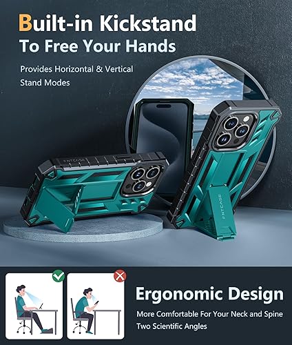 Miniatura 3 de FNTCASE Funda para iPhone 15 Pro funda protectora resistente de grado militar a prueba de caídas para teléfono celular con soporte y protector