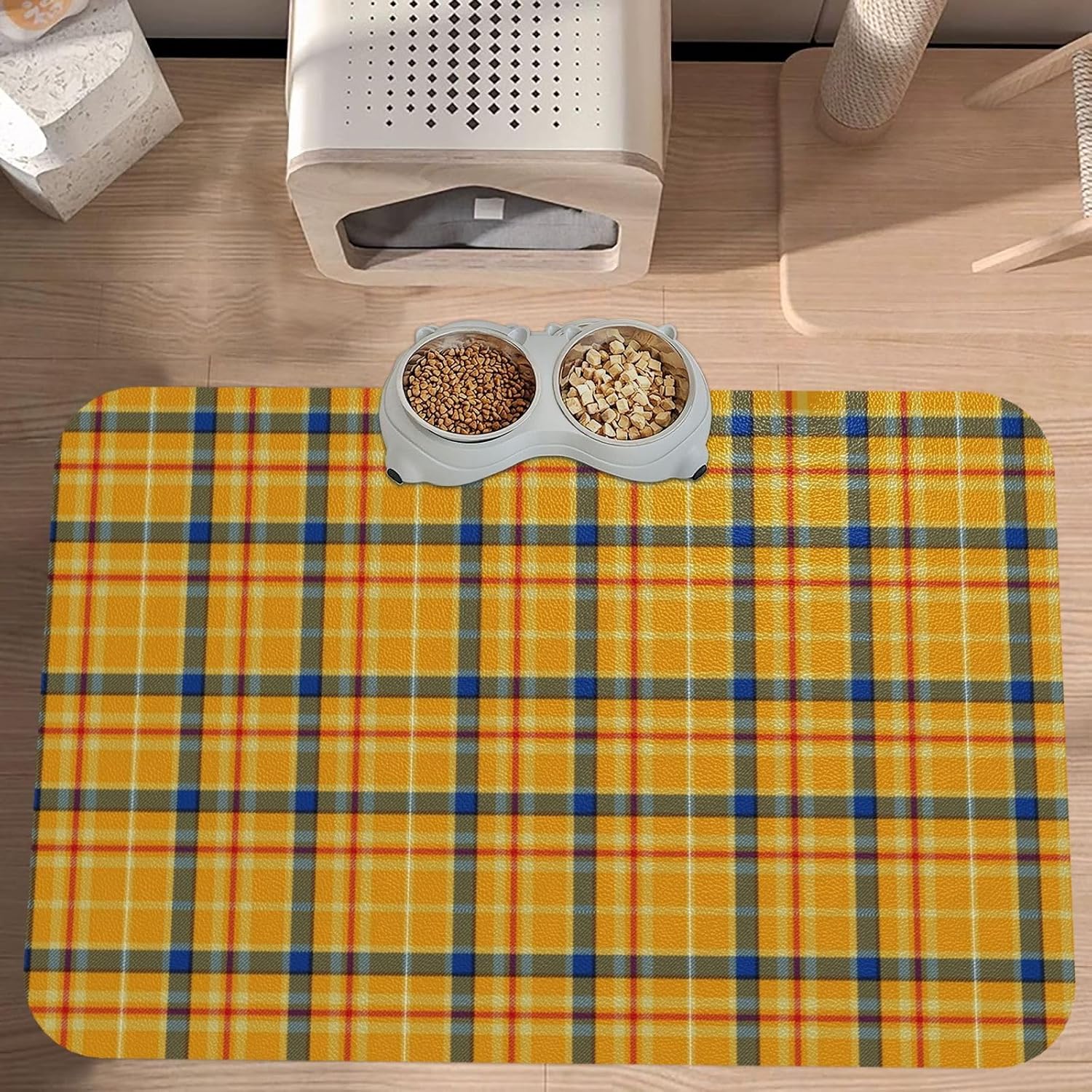 Mustard Coloured Tartan Leather Absorbent Pet Feeding Mat Non-Slip for Dogs Cats 40x60cm