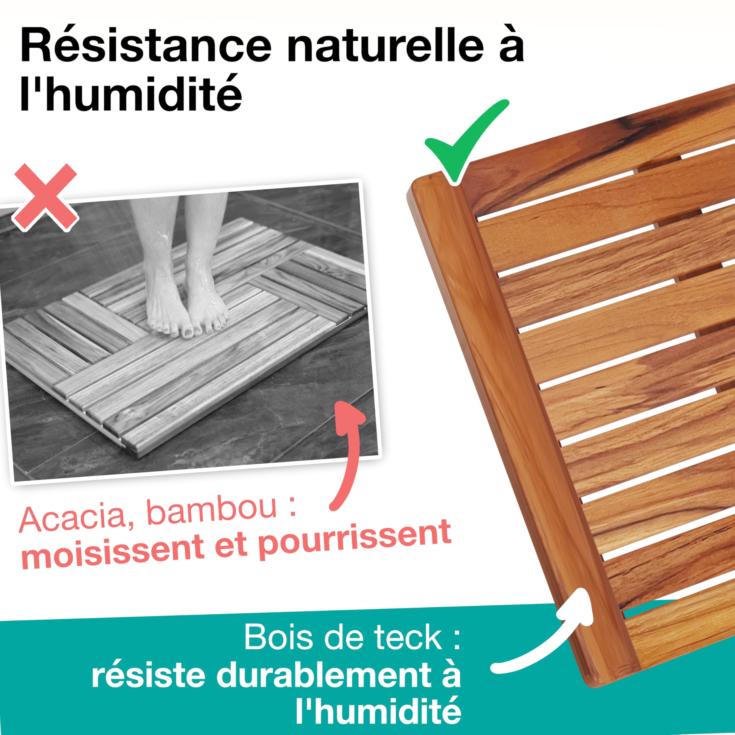 Caillebotis de Douche 61 x 45 cm - en Bois de Teck - Résistant à l’Humidité, Anti-Moisissures - Tapis de Salle de Bain Rectangulaire - Intérieur, Extérieur - Antidérapant - CB6145
