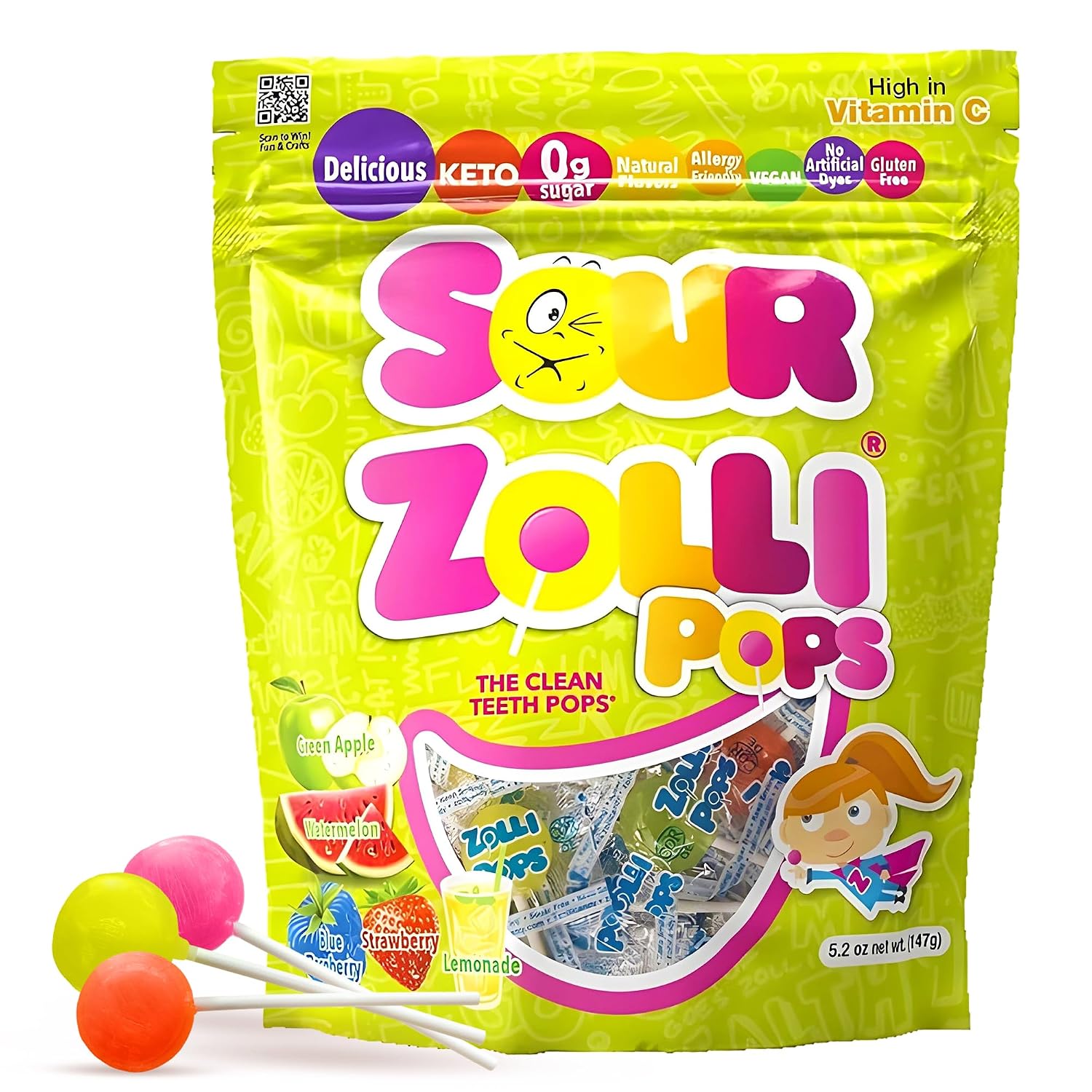 Zollipops Sour Clean Teeth Pops Sugar Free Candy with Xylitol, Dye-Free Lollipops - Keto & Diabetic-Friendly, Dentist-Approved Treats for Kids (Natural Fruit Flavors, 5.2 oz)