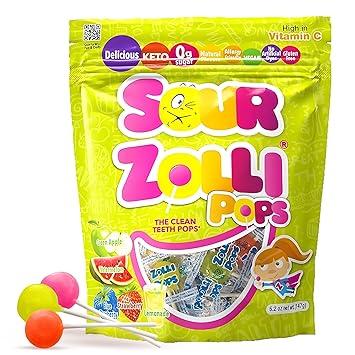 Zollipops Sour Clean Teeth Pops Sugar Free Candy with Xylitol, Dye-Free Lollipops - Keto & Diabetic-Friendly, Dentist-Approved Treats for Kids Natural Fruit Flavors, 5.2 oz