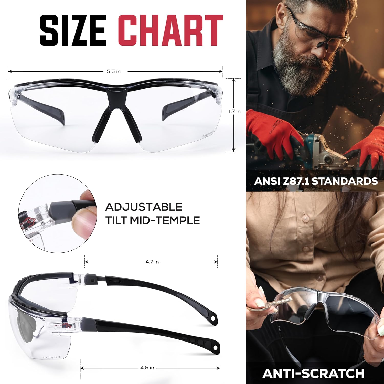 BISON LIFE HiGuard Premium Anti-Fog Safety Glasses – Adjustable Temples, ANSI Z87.1 Scratch-Resistant Lens, UV 400 Goggles