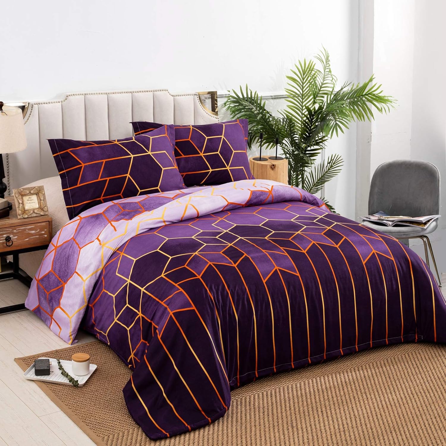 DJY Purple Geometric Duvet Cover Golden Stripes Soft Microfiber Bedding Duvet Cover Set - Image 3