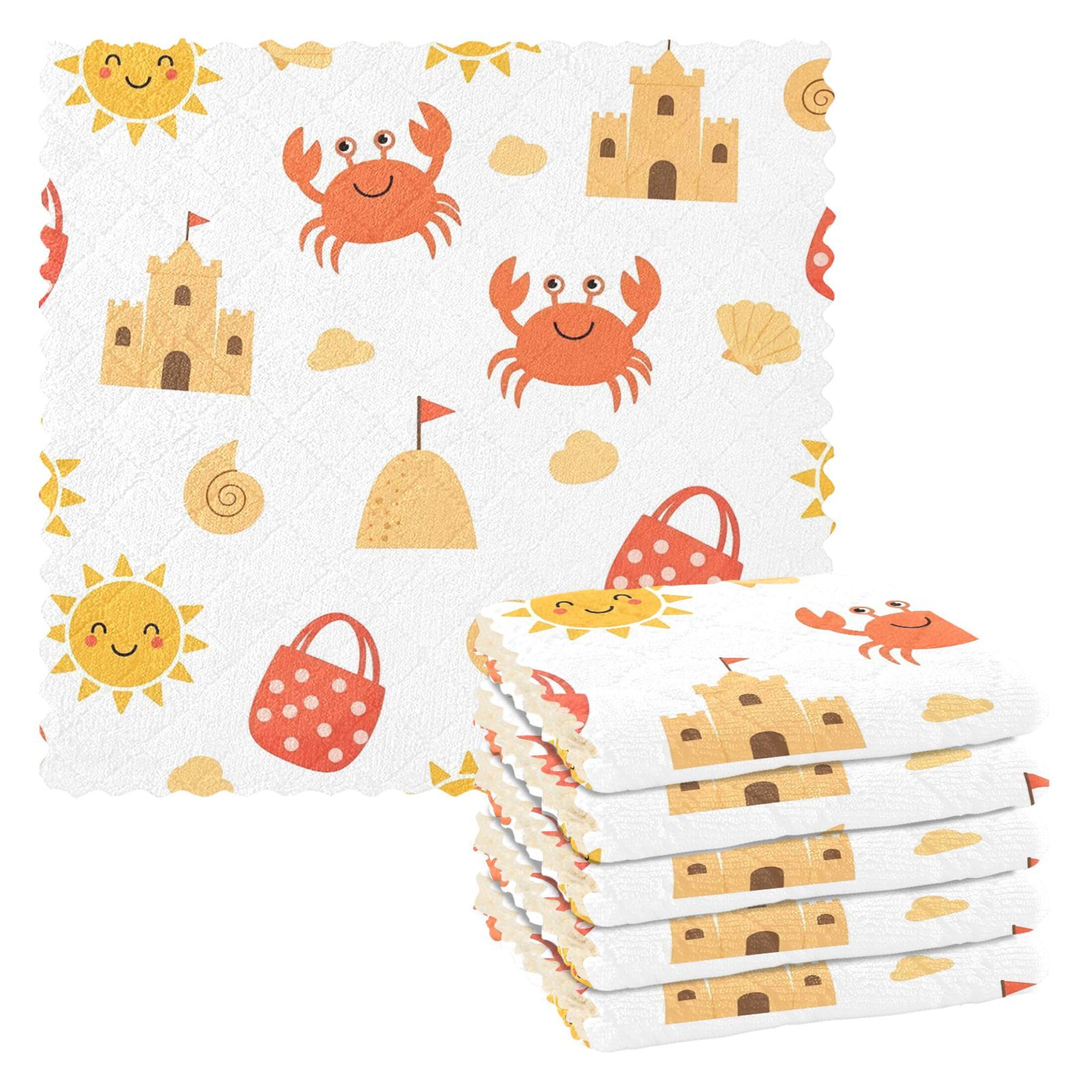 Fuauuyl Summer Crabs Kitchen Dish Towel Set of 6, Soft Absorbent Washable Cleaning Cloths Dish Rags Tea Bar Drying Towels, 11x11 In