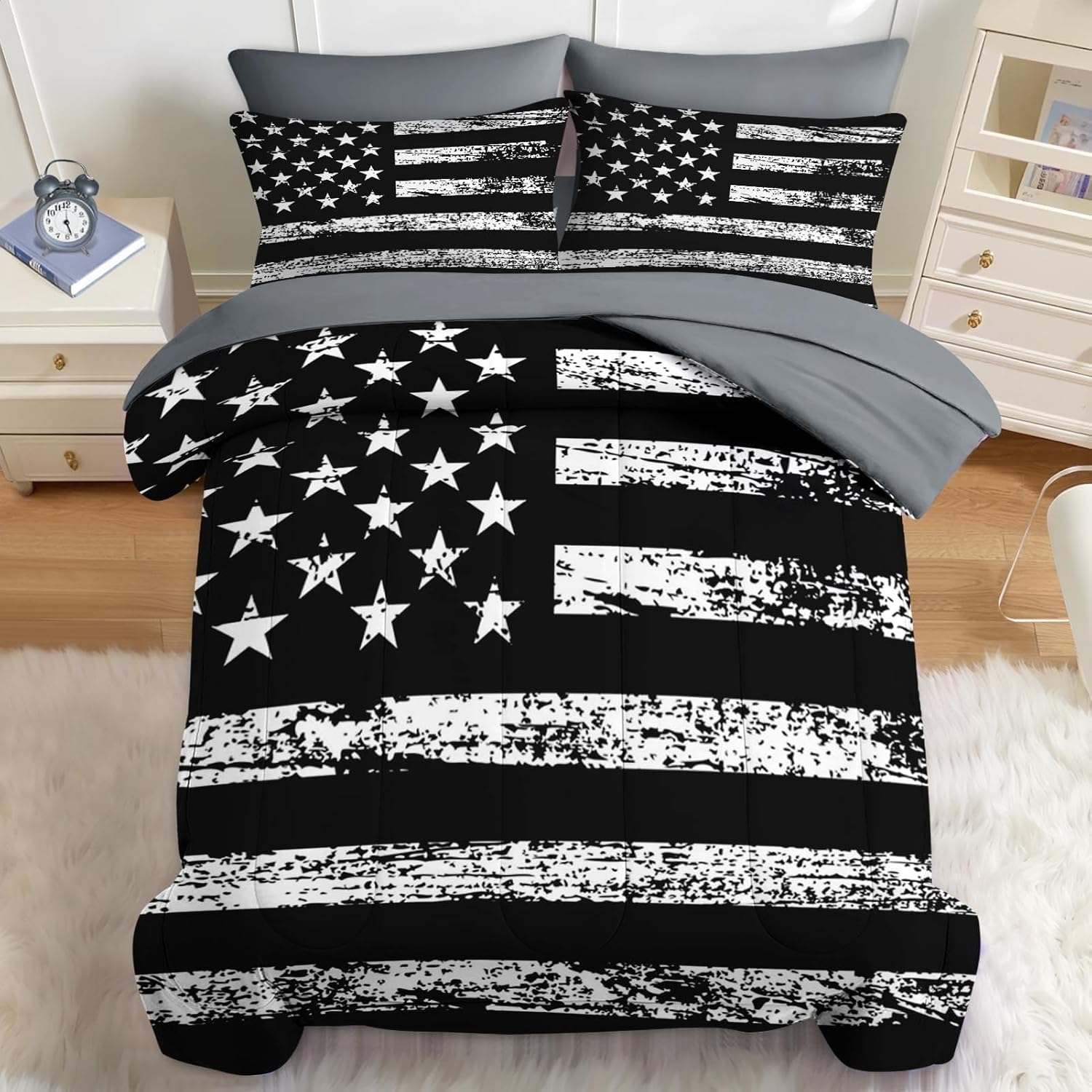 Nesker 7 Pcs Comforter Set Queen Size, Black White USA American Flag Bedding Set for Kids and Adults, Vintage Stars Stripes Flags Boys Sheets Bed Sheet Sets with Fitted Sheet 2 Pillowcases & 2 Shams