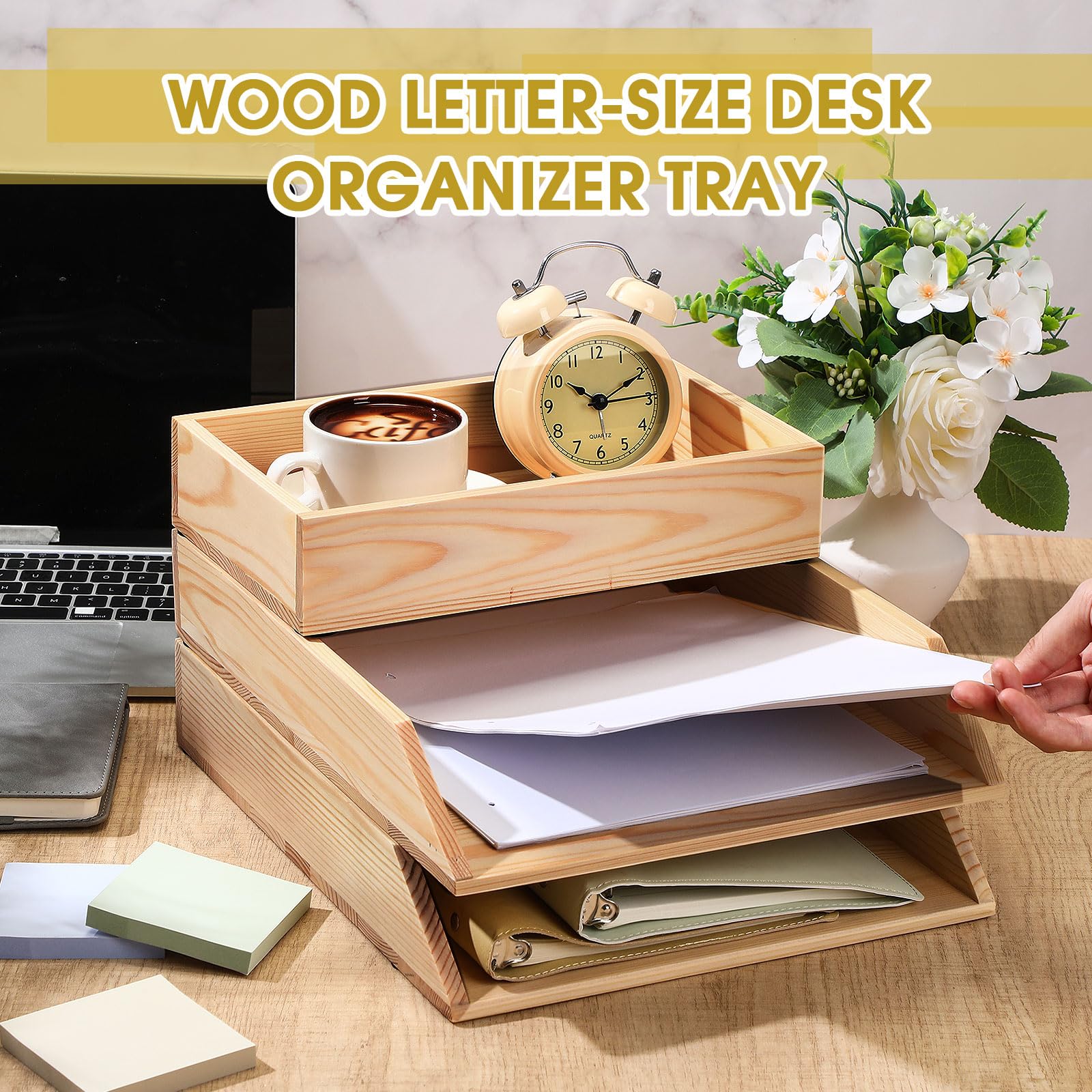 Beeveer 3 vassoi per lettere in legno, formato lettera, resistenti, impilabili, 3 ripiani, vassoio per carta da tavolo, cassetto per posta in arrivo, organizer da scrivania, per cartelle di documenti