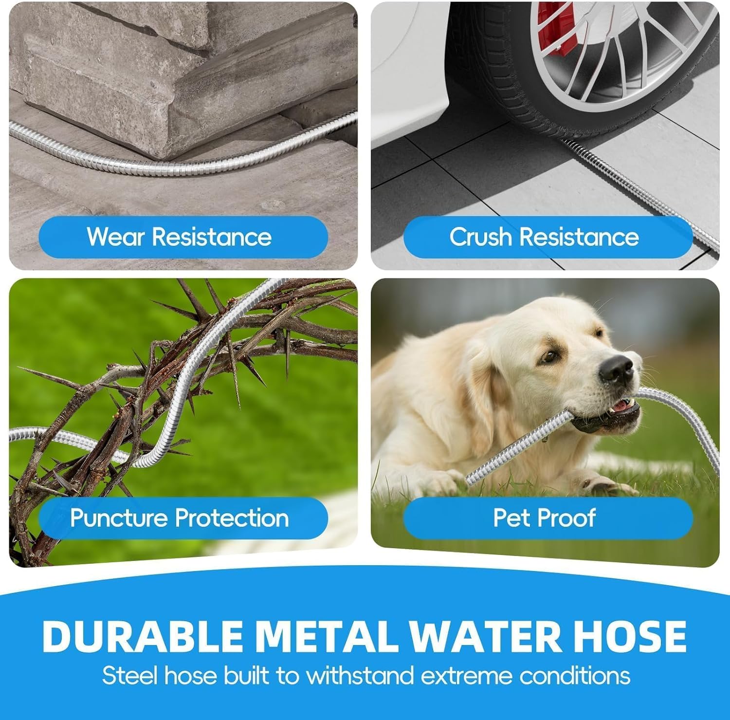 SPECILITE Metal Garden Hose 50ft Heavy Duty 304 Stainless Steel Water Pipe for Yard, Outdoor, RV - Durable, Tough & Flexible, Kink & Tangle Free, Pet-proof, Puncture Resistant with Independent Grip
