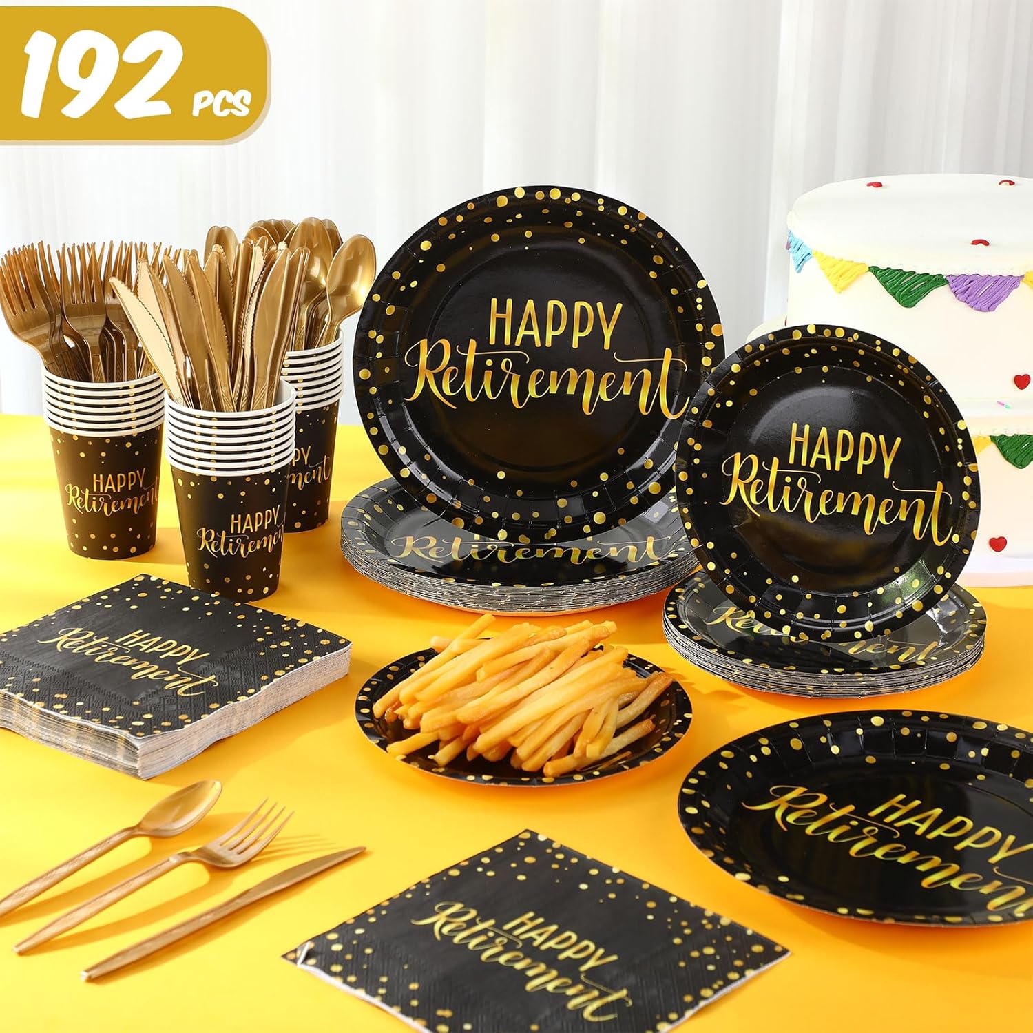 Pickmesh 192 Pcs Retirement Party Decorations Happy Retirement Paper Plates and Napkins Set with Cups and Knife Fork Spoon, Farewell Party Disposable Tableware for Guest (Gold Black)