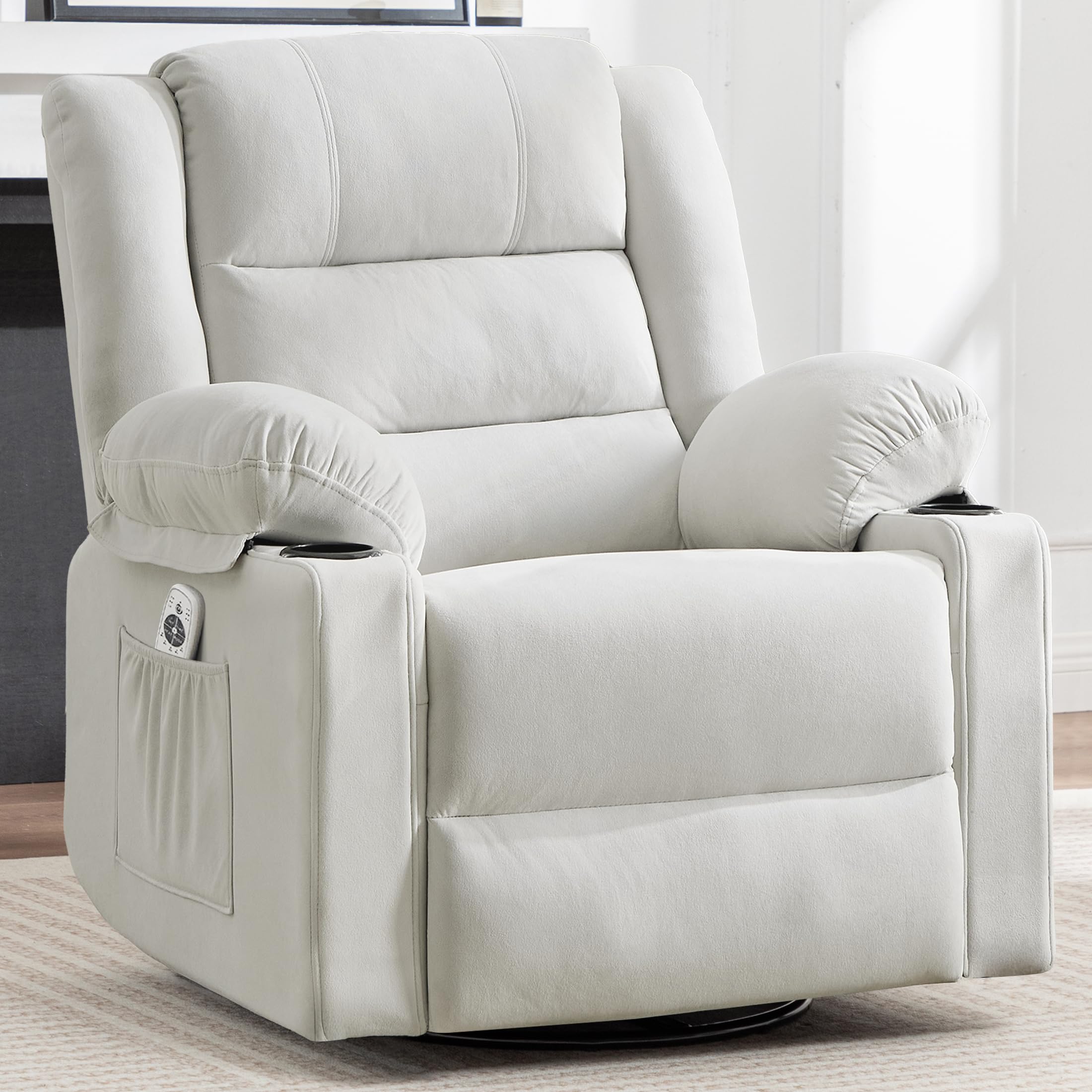 Swivel Rocking Recliner Chair with Massage and Heat,Oversized Rocker Recliner for Adults, Upholstered Fabric Reclining Single Sofa Chair for Living Room,Nursery (Beige)