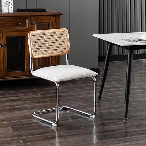 Miniatura 8 de ONEVOG Juego de 2 sillas de comedor tapizadas Boucle, sillas de caña con marco de madera de goma resistente, cómodas sillas de cocina con respaldo