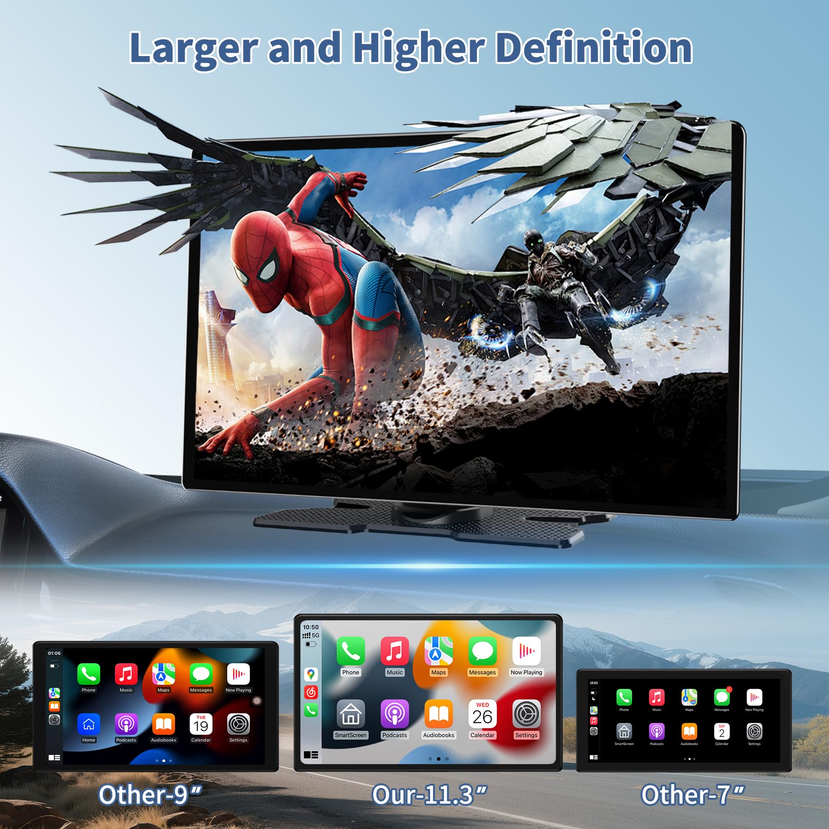 Largest 11.3" Portable Apple Carplay Screen, Wireless Car Play & Android Auto Touch Screen, Car Stereo with App View/4K Dash Cam/Backup Camera/Mirror Link/Voice Control/Music Play/GPS/Bluetooth/FM — view 3