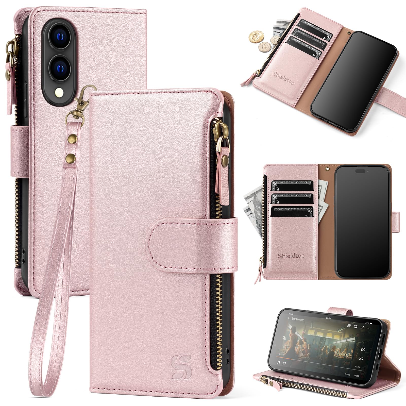 Shieldtop Compatible with Samsung Galaxy S25 Edge Wallet Case with Card Holder,PU Leather Phone Case Flip Protective Cover Wrist Strap Zipper Credit