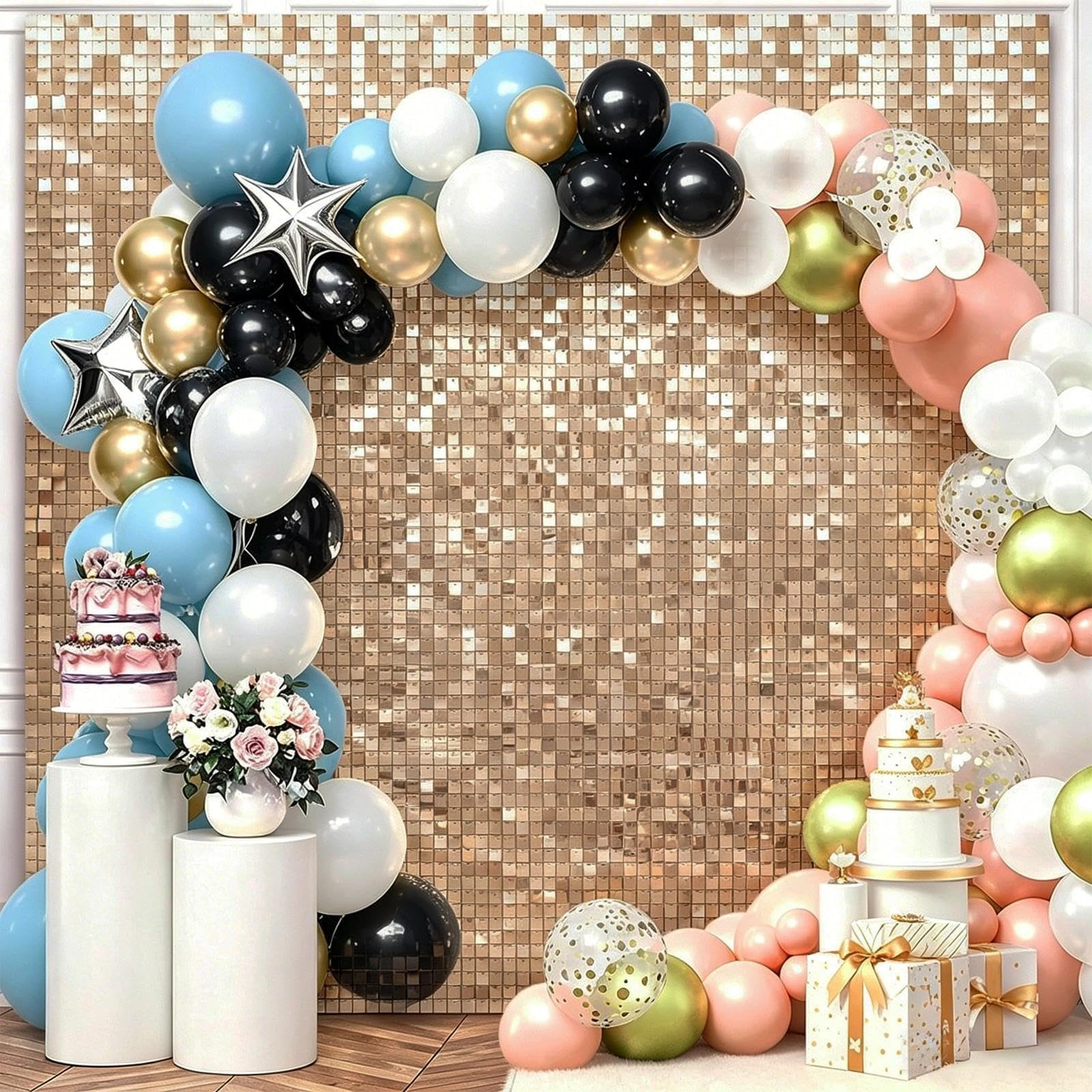 Fondale da parete color oro champagne luccicante, 30 cm x 30 cm, 24 pezzi, pannello da parete con paillettes, sfondi per foto, per matrimoni, anniversari, feste di compleanno, laurea (1,8 m x 1,2 m)
