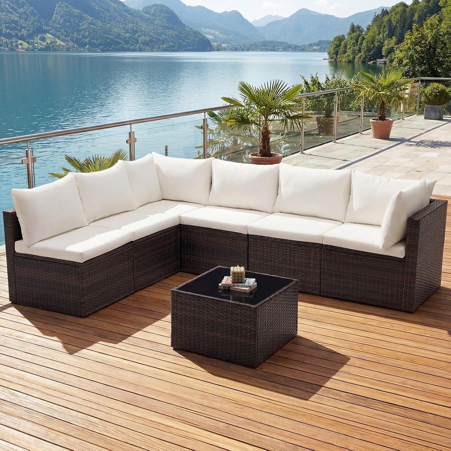 DUMOS 7 Piece Outdoor Patio Sectional Sofa, Modular Wicker Furniture Set with 2.8" Thick Cushions, Adjustable Feet, All-Weather Rattan Outdoor Couch for Backyard, Deck, Garden, Poolside, Brown