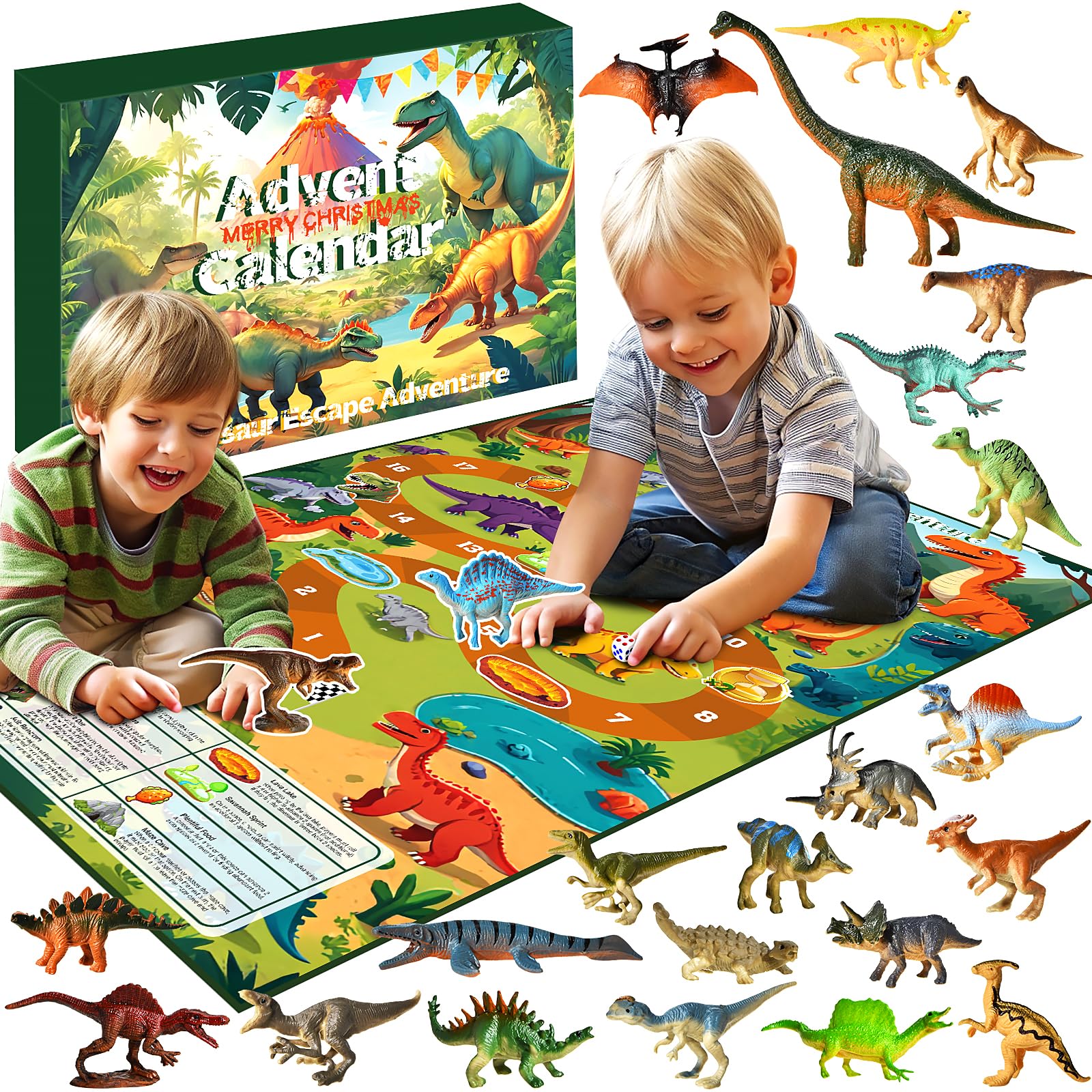 Dinosaur Advent Calendar 2026, Kids Advent Calendar Gift, Christmas Surprise 24 Unique Dinosaurs with Escape Map, Dino Family Dice Game for Boys Girls 3 4 5 6 7 8 Years Old