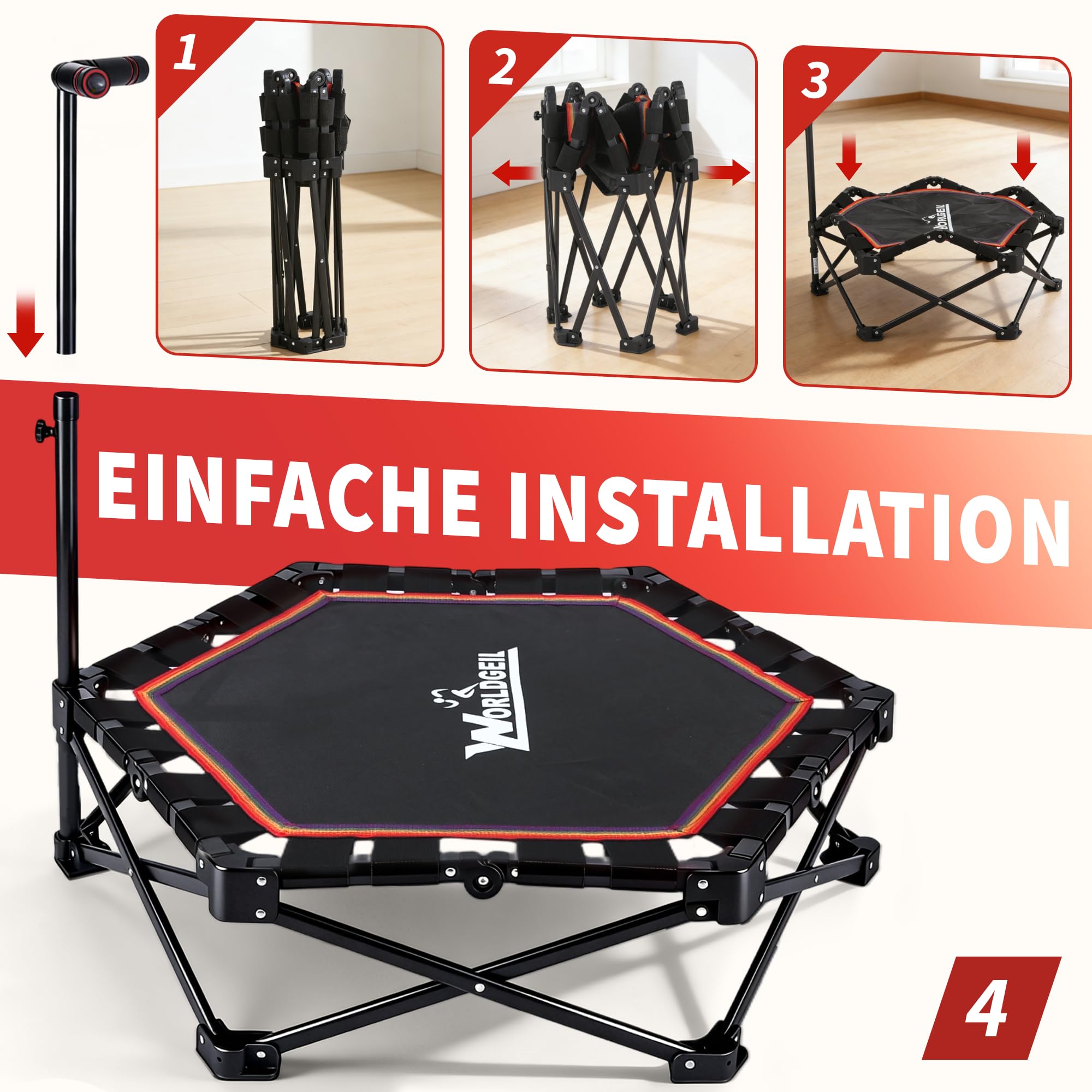Trampolin Indoor Klappbar - Mini Trampolin mit Höhenverstellbarer Handgriff - Tragkraft 150 kg - Ø 86.5 cm - Jumping Trampolin Fitness für Erwachsene & Kinder - Sport Geräte für Zuhause