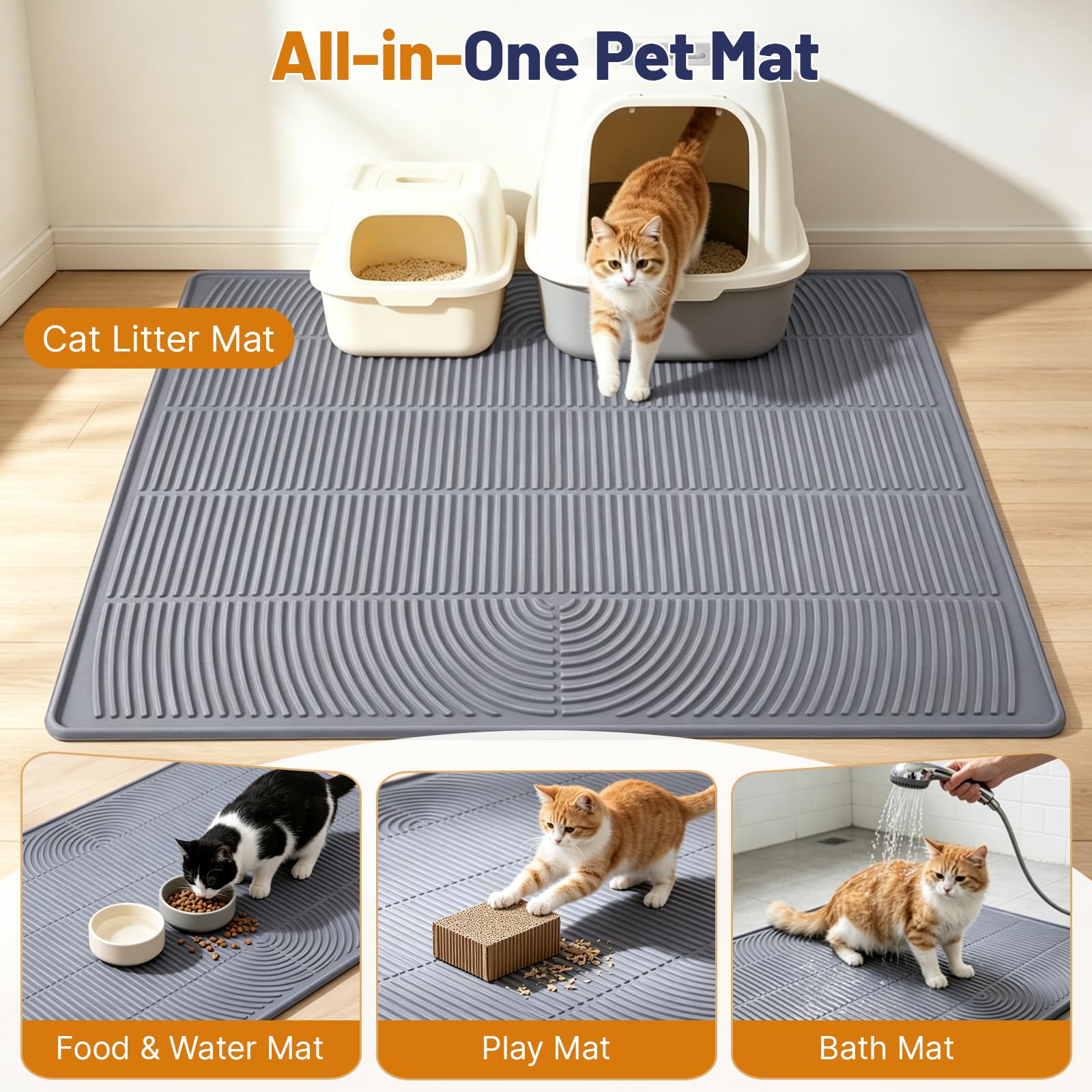 Tappetino per lettiera per gatti, XL, 117 x 88,9 cm, impermeabile, in silicone, grigio