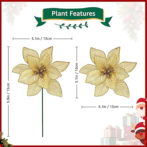 Miniatura 5 de 12 flores de pascua artificiales con tallo, decoración de Navidad con purpurina, adornos de Navidad para árbol de Navidad, decoración de flores de