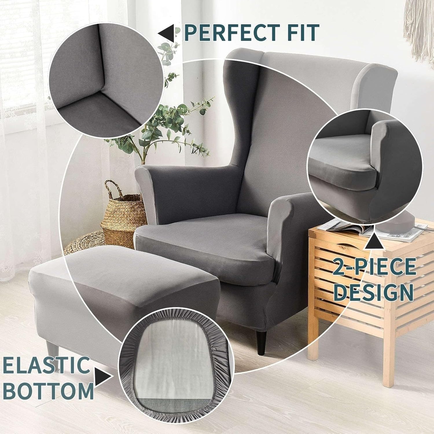 Spandex Wingback Chair Slipcover Set (2-Piece) + Storage Ottoman Cover - Stretch Washable Living Room Furniture Protectors(Dark Grey)