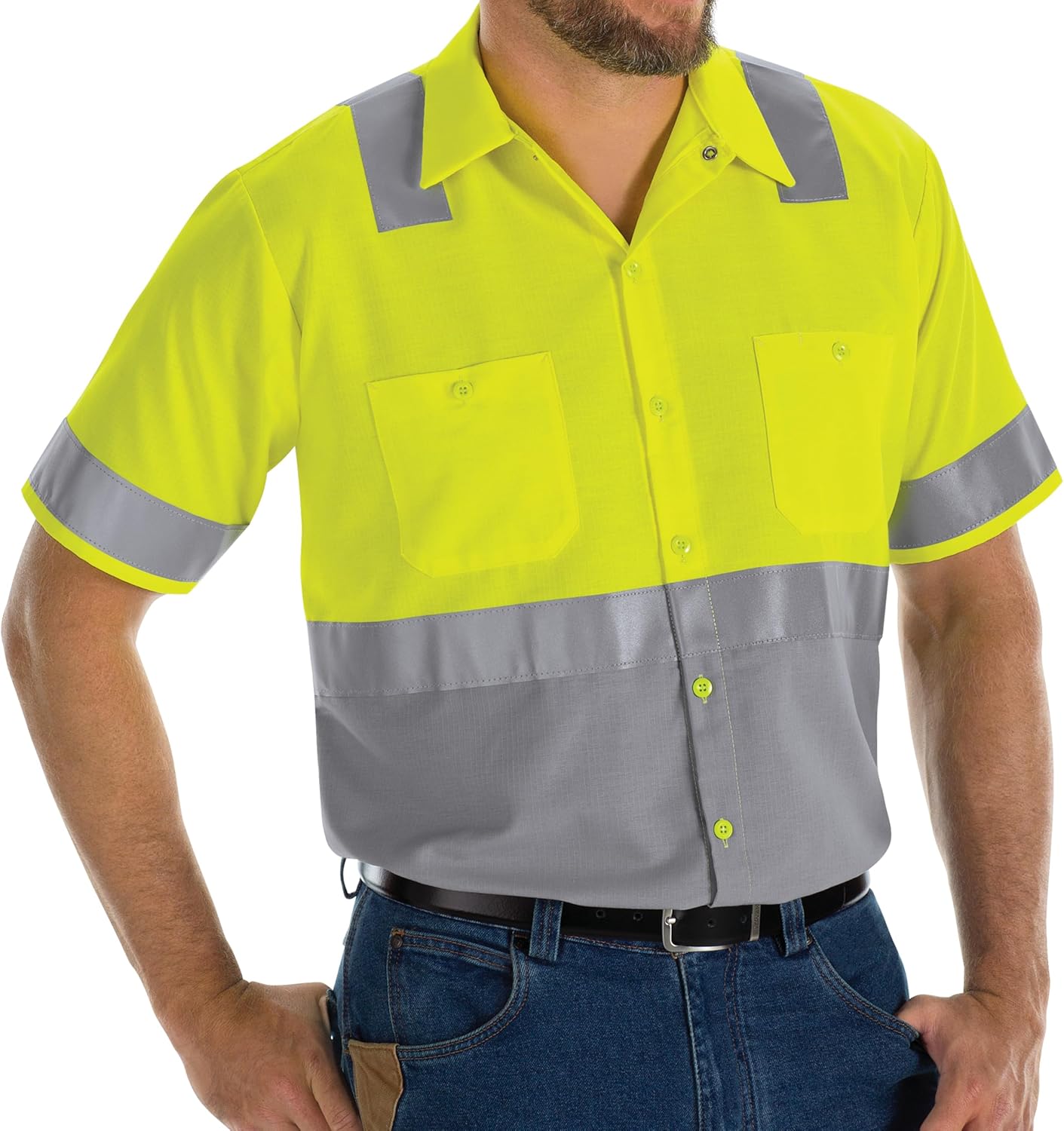 Red Kap Men's Standard Hi-Visibility Short Sleeve Color Block Ripstop Work Shirt-Type R, Class 2