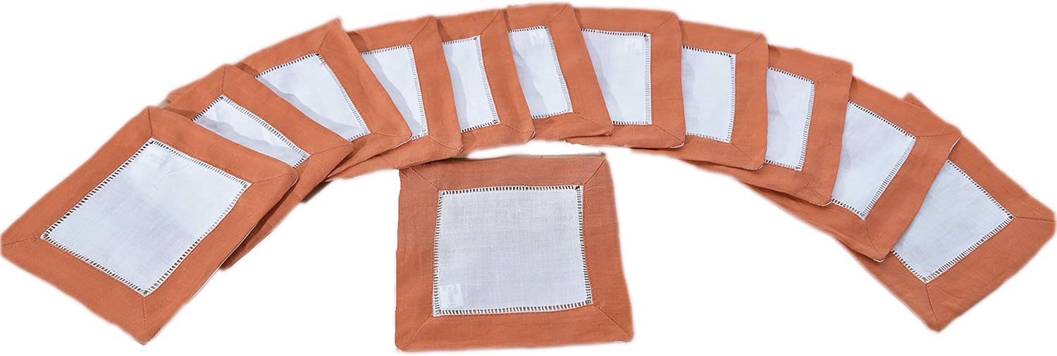 Color TrimsHemstitch Cocktail Napkin (6x6"). White with Color Trims. (12PCS Pack) (Candy Pink)