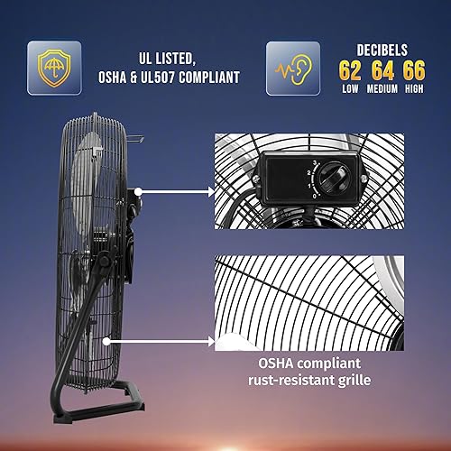 Miniatura 6 de Tornado Ventilador industrial de metal potente de 20 pulgadas, ventilador de piso de enfriamiento de alta velocidad de 3 velocidades para espacios