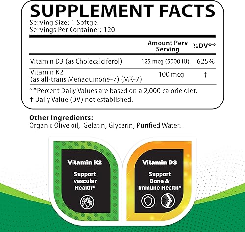 Miniatura 3 de Vitamina K2 + D3 (120 cápsulas blandas)  Suplemento de vitamina D3 K2  Apoya la salud cardiovascular y ósea  Sin OMG  Sin alérgenos  120 cápsulas