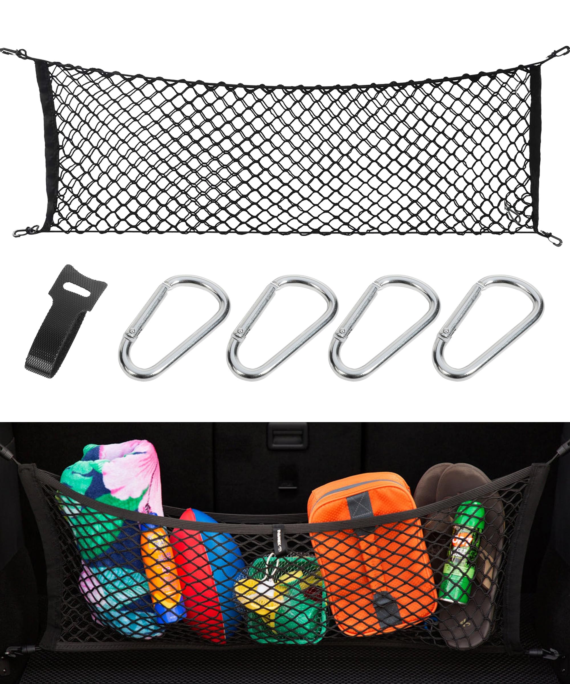 Xibao Auto Kofferraum Organizer,Kofferraumnetz Auto,Elastisch Kofferraum Aufbewahrung Netz mit Haken,Universal-Aufbewahrungsnetz,Geeignet für Autos,Wohnmobilen,Lieferwagen,Lastwagen,SUVs (125x40cm)