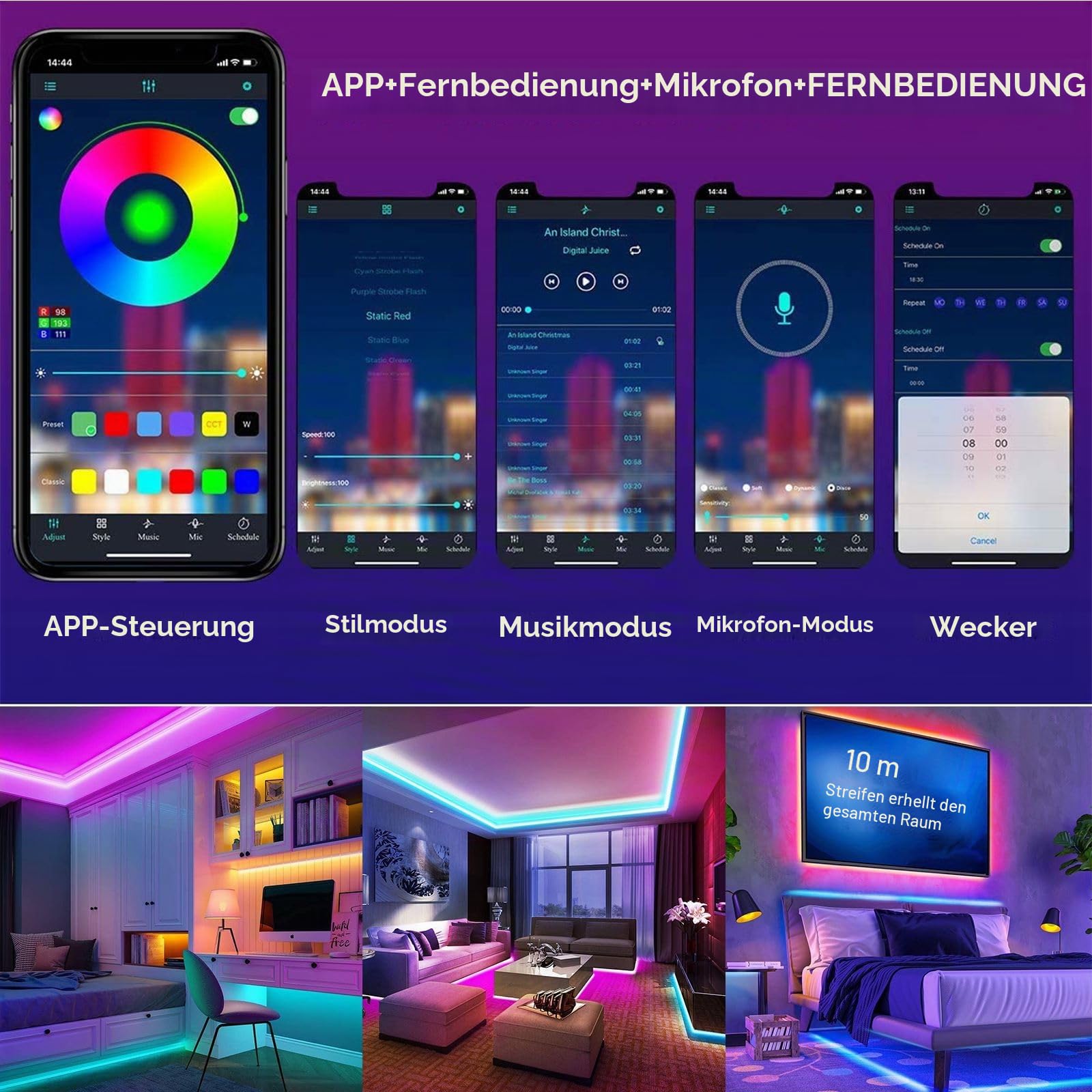 Bluetooth LED Strip 2 * 10M, 60 LED/M 5050 RGB LED Streifen APP Steuerbar Musik Band, Bar, Lichtband Leiste mit Fernbedienung 24V Netzteil für Haus, Raum, Party,Dekoration