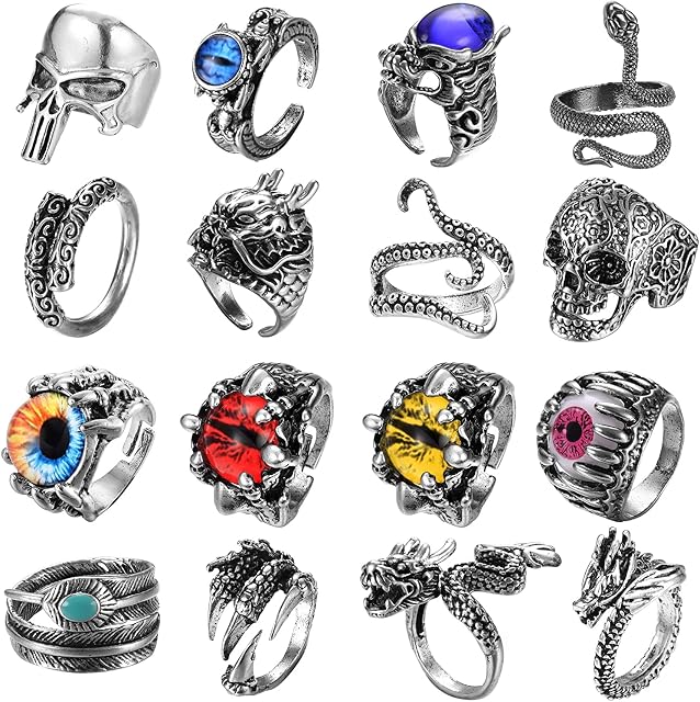 LOLIAS 16Pcs Vintage Punk Rings for Men Women Gothic Rings Black Dragon Snake Claw Skull Octopus Eyes of Hell Cool Open Adjustable Rings Set Jewelry Gift for Men