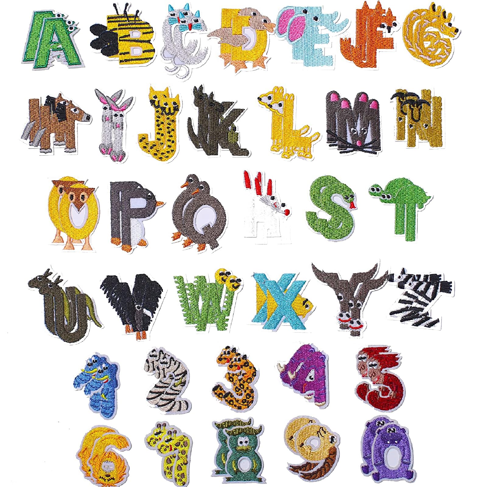 Harsgs 72PCS Iron on Animal Letters Numbers Patches, Embroidered Patches Letters A-Z Numbers 0-9 Animal Shape, Applique for Clothes, Dress, Hat, Jeans, DIY Accessories — image 1