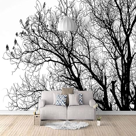 Amazon 壁紙 3d 効果 壁紙 壁画 シンプルな白黒の木 自己粘着写真壁画リビングルームのテレビのソファのテーマホテル高級廊下の背景の壁画家の装飾 350x256 Cm 壁紙
