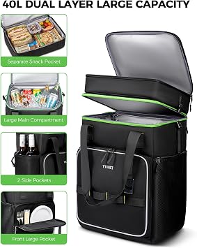 Ytonet 2-in-1 Rolling Cooler with Wheels, 55 Cans/40L Large Insulated Cooler on Wheels with Detachable Top Bag, Leakproof Soft Sided Cooler Bag for Beach, Picnic, Camping, Travel and Grocery,Black