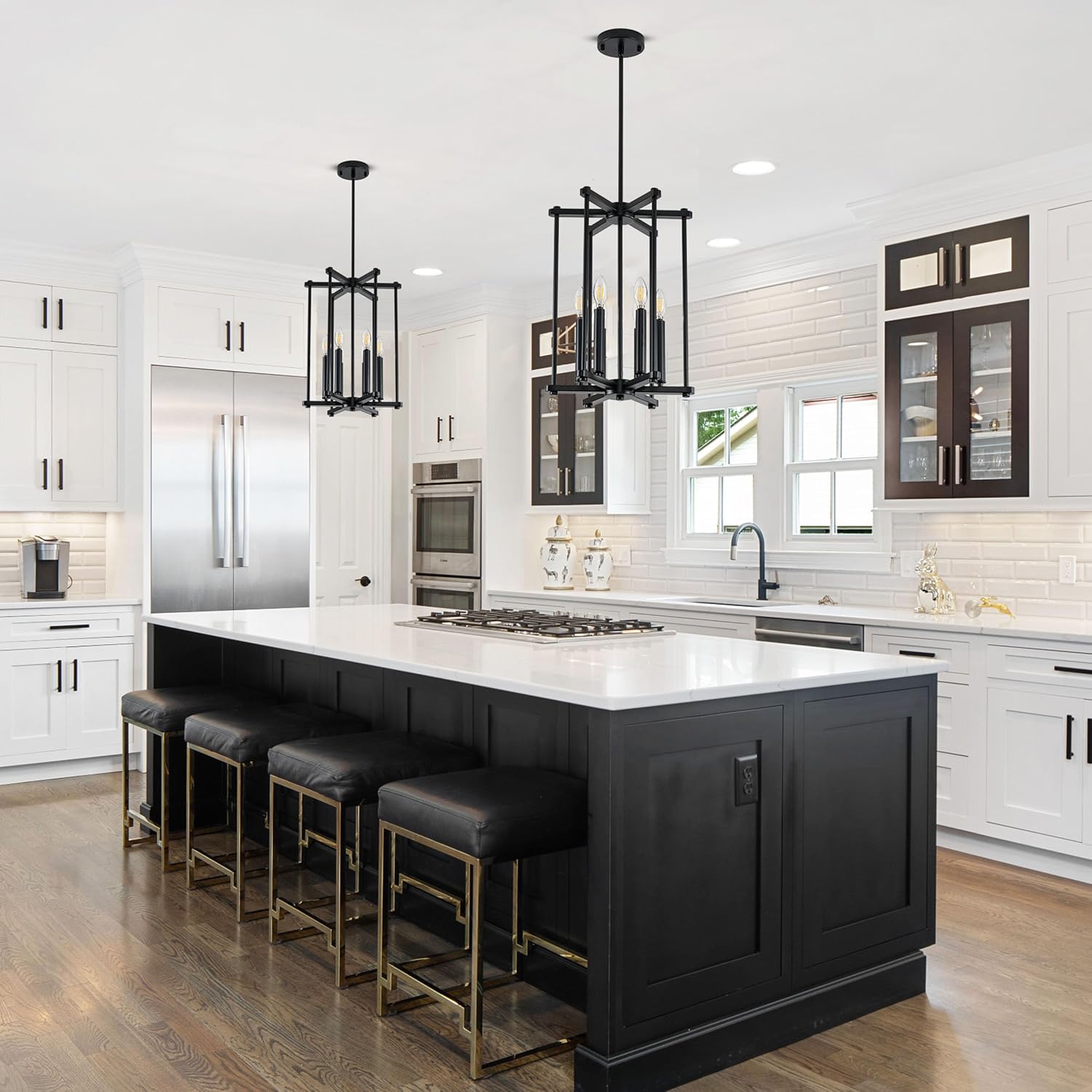 Black Farmhouse Chandelier 6-Light for Dining Room, Kitchen Island & Entryway, Adjustable Metal Cage Light Fixture for Foyer, Living Room, Rustic Industrial Hanging Pendant, E12 Base
