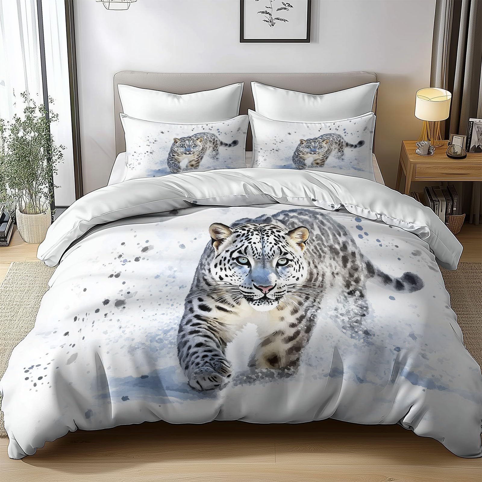 White Bedding Sets Animal Snow Leopard Print Duvet Cover Set, Comforter Cover Full Size Soft Breathable Reversible 3-Piece Bedding for Kids Teens
